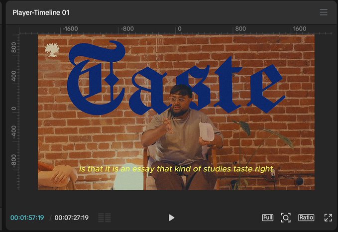A video player interface titled 'Player-Timeline 01' shows a man sitting in a chair against a brick wall with the word 'Taste' in large blue Gothic font and subtitles reading 'is that it is an essay that kind of studies taste right'.