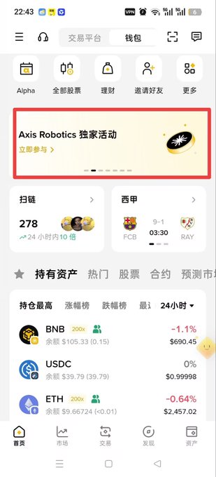 A screenshot of a Chinese cryptocurrency trading app displaying a banner for 'Axis Robotics 独家活动', along with market prices for BNB (-1.1%), USDC (0%), and ETH (-0.64%).