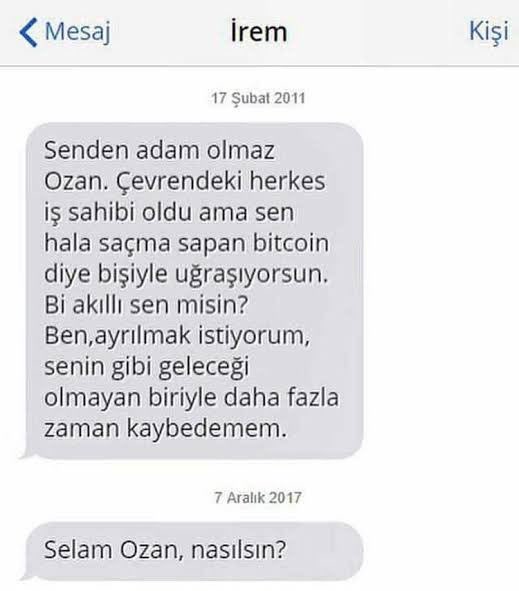 A Turkish SMS screenshot from 'Irem' dated February 17, 2011, saying goodbye to Ozan and criticizing his bitcoin involvement, followed by a 'Hello Ozan, how are you?' message from December 7, 2017.