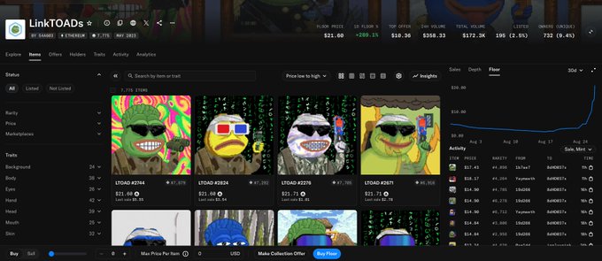 A screenshot of the LinkTOADs NFT marketplace interface showing various listings of toad characters and a Price Low to High chart.