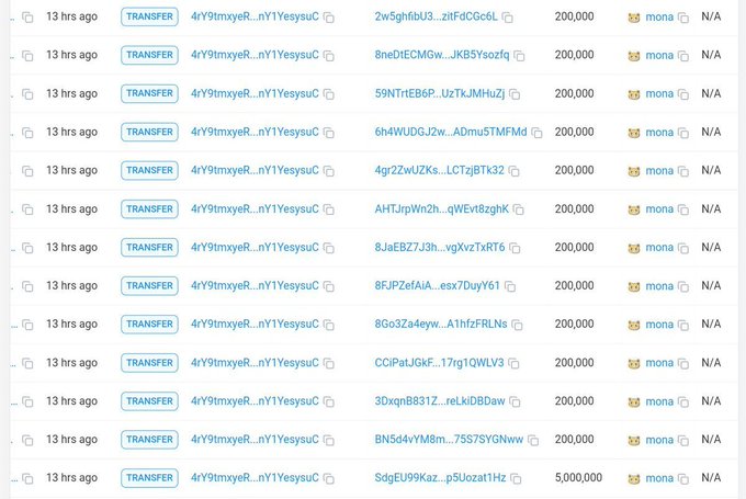 A screenshot of a cryptocurrency transaction history showing multiple TRANSFER transactions from address 4rY9tmxyeR...nY1YesysuC, mostly for 200,000 with one transaction of 5,000,000, displayed on a tracking platform.