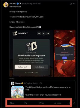 A Twitter post by Viking (@dabadviking1995) about a raffle for Bloky.xyz, stating 'The draw is coming soon' and showing a total committed amount of $64,444.90.