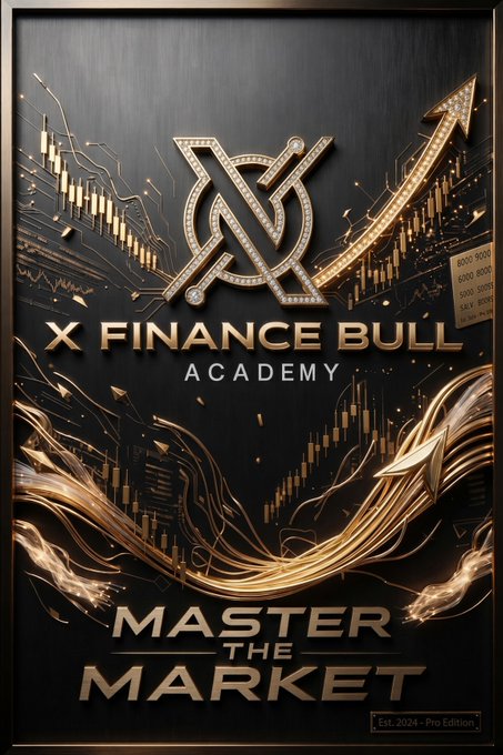 A promotional graphic for "X Finance Bull Academy - Master the Market" featuring a stylized "X" logo adorned with diamonds, ascending gold arrows, and candlestick chart patterns on a dark background, with "Est. 2024 - Pro Edition" noted at the bottom. The image relates to the post by reinforcing the academy’s brand and its promise of helping traders decode crypto market patterns.