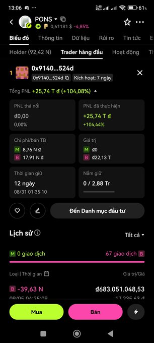 A mobile trading app screen showing details for token 'PONS' on a meme token trading platform, displaying a price of 'đ61181 $ -8.85%' and trader '0x9140...524d' with a total PNL of '+25.74 T đ (+104.08%)'.