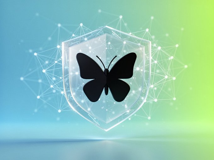 A digital illustration featuring a black butterfly silhouette centered within a translucent shield, set against a gradient blue-green background with a network of glowing nodes and connecting lines.