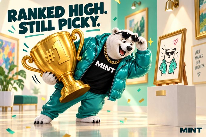 An illustrated bear wearing sunglasses and a green puffer jacket holds a gold '#1' trophy, with text reading 'RANKED HIGH. STILL PICKY.' and 'MINT' branding.