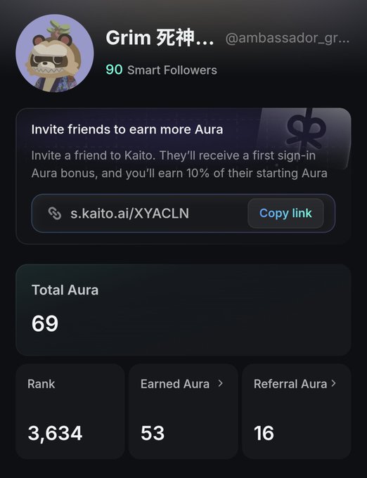 A dark-themed mobile app profile screen for 'Grim 死神...' on Kaito, showing a referral link, Total Aura of 69, Rank 3,634, Earned Aura 53, and Referral Aura 16.