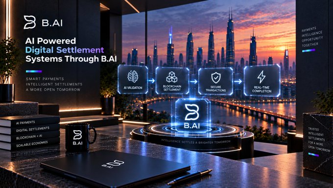 Promotional image for B.AI, an AI-powered digital settlement system featuring smart payments, intelligent settlements, AI valuation, blockchain settlement, secure transactions, and real-time completion.