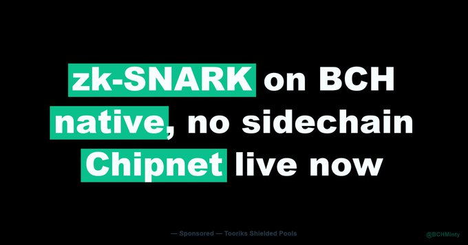 A promotional graphic on black background reads 'zk-SNARK on BCH native, no sidechain Chipnet live now' with text 'Sponsored — Tooriks Shielded Pools' and '@BCHtimes'.