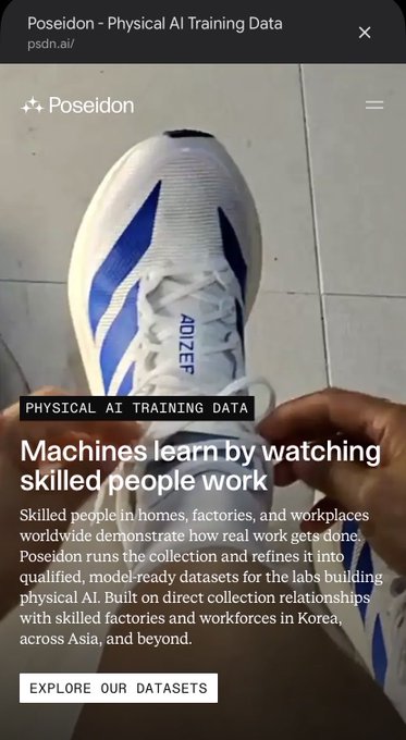 A promotional webpage for Poseidon (psdn.ai) featuring the tagline 'Machines learn by watching skilled people work' overlaid on a photo of someone holding white and blue Adidas sneakers.