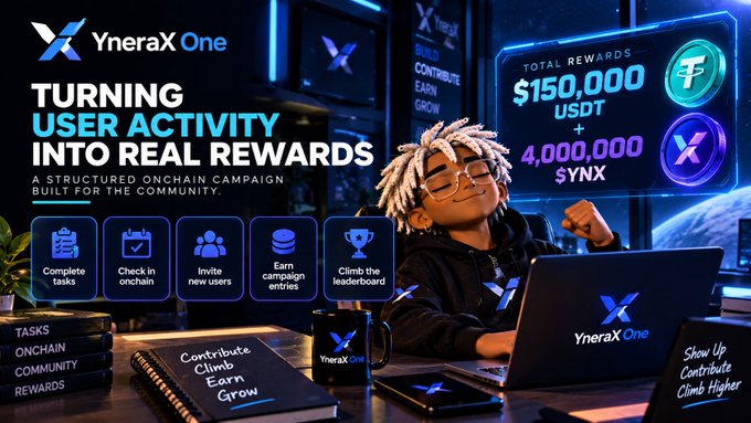 A promotional graphic for YneraX One titled 'TURNING USER ACTIVITY INTO REAL REWARDS' showcases a $150,000 USDT + 4,000,000 $YNX total rewards campaign, featuring a person at a laptop with icons for completing tasks, inviting users, and climbing the leaderboard.