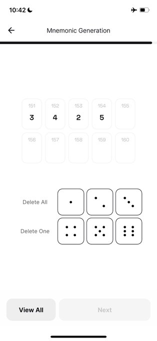 A mobile app screen titled 'Mnemonic Generation' shows dice-style slots displaying the numbers 3, 4, 2, and 5 in the top row.