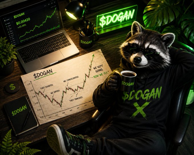 A stylized illustration of a raccoon in a '$DOGAN' hoodie relaxing with a coffee mug beside a chart, with neon '$DOGAN' signs and a laptop displaying '$0.00420 +23.09%'.