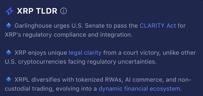 An infographic titled 'XRP TLDR' details points about Garlinghouse urging the U.S. Senate to pass the CLARITY Act, XRP's legal clarity from a court victory, and XRPL diversifying with tokenized RWAs and AI commerce.