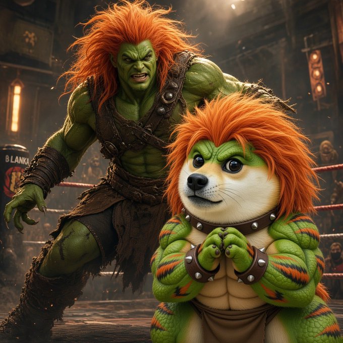 A digital artwork featuring a fierce green-skinned warrior with orange hair in a fighting ring, alongside a cute doge-Shiba character designed with similar green skin, muscular arms, and spiky orange hair wearing spiked wrist cuffs.