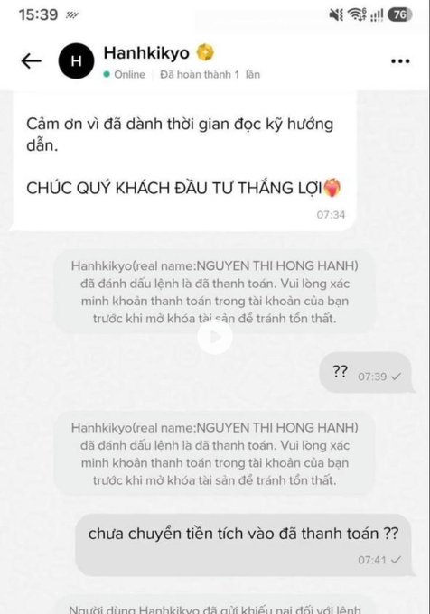 Screenshot of a chat with a P2P merchant "Hanhkikyo" who has marked an order as paid and claims to have transferred funds, but the buyer reports the money has not actually been received in their account.
