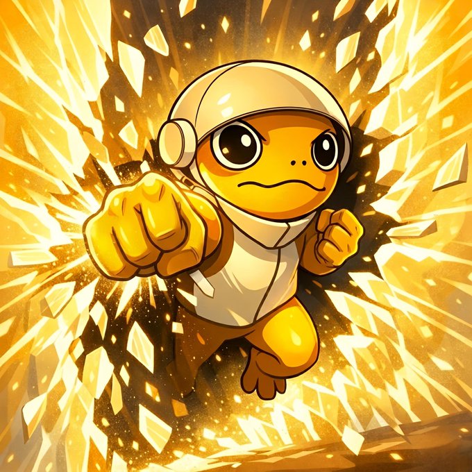 A determined cartoon turtle wearing a white helmet bursts forward with a fierce fist punch amid a dramatic explosion of golden shards, embodying the bold, forward-charging energy of the "$TURBO" post.