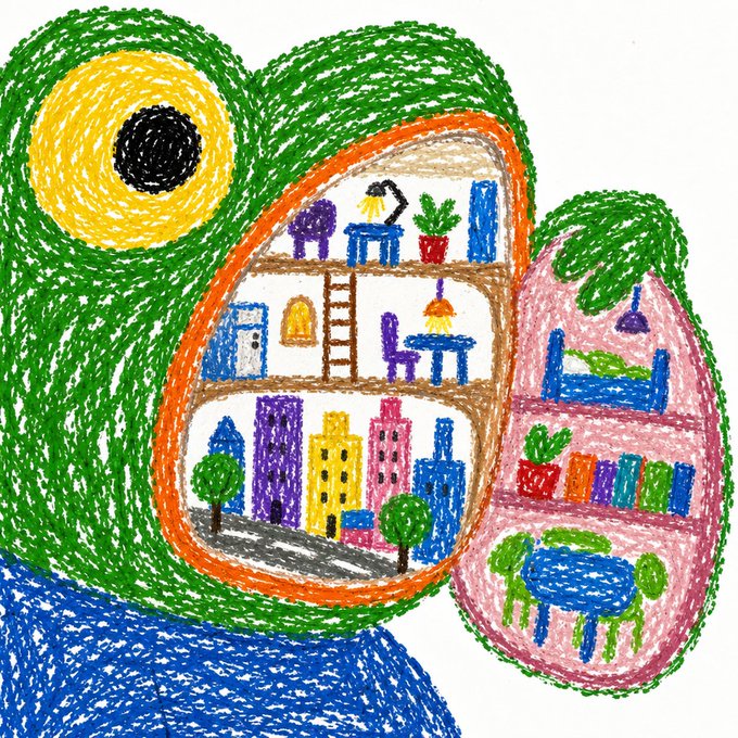 A colorful crayon-style digital drawing of a cross-section character with a green exterior and a yellow eye, revealing an interior filled with miniature houses, furniture, and plants.