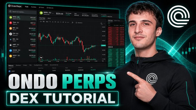 A young man in a black hoodie points toward the right side of the image, with the Ondo Perps trading interface displayed behind him showing the NVDA stock chart at $224.64 alongside various tickers including TSLA, BTC, ETH, SOL, AAPL, VRTX, and DOGE. Bold text at the bottom reads "ONDO PERPS DEX TUTORIAL," promoting a beginner's guide video about the Ondo Finance perpetual futures decentralized exchange.