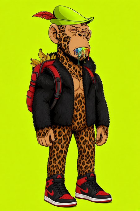 A digital illustration of an anthropomorphic leopard character wearing a green hat with a red feather, a black fur jacket, a red backpack filled with bananas, and red and black Nike Air Jordan sneakers, with colorful liquid dripping from its mouth against a bright green background.