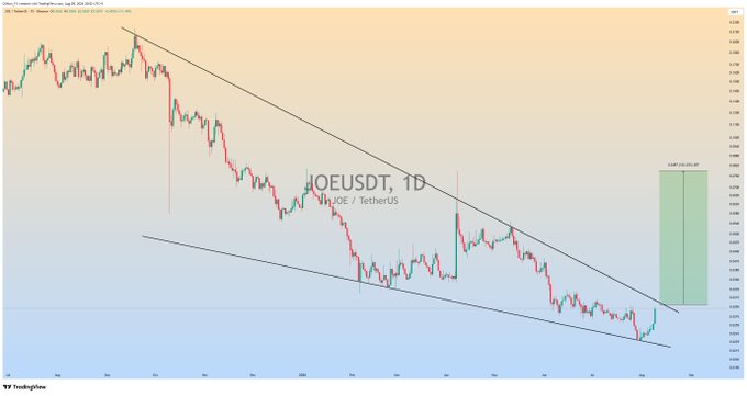A daily TradingView chart of JOEUSDT (JOE/TetherUS) shows the cryptocurrency trading inside a multi-month falling wedge pattern and breaking out toward the upside, with a highlighted green target zone marked near $0.49 (+213.21%), supporting the post's claim of an impending massive bullish rally.