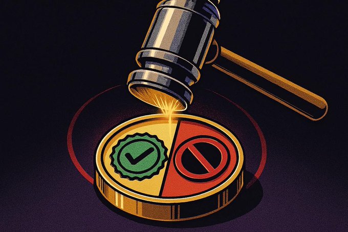 An illustration of a gavel hovering over a split coin, with a green checkmark on one side and a red prohibition symbol on the other.