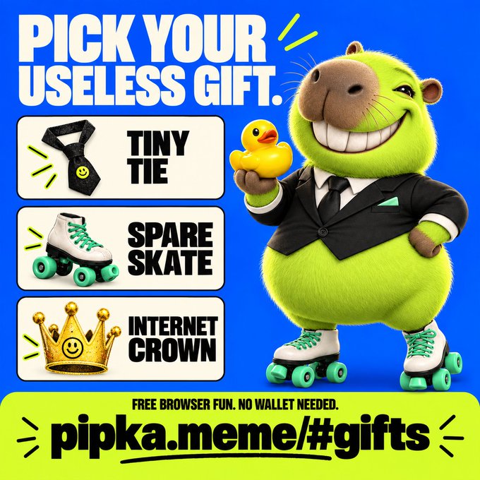 A promotional ad for pipka.meme featuring a green furry mascot in roller skates holding a rubber duck, with options to pick a "TINY TIE," "SPARE SKATE," or "INTERNET CROWN," and text reading "PICK YOUR USELESS GIFT" and "FREE BROWSER FUN. NO WALLET NEEDED."