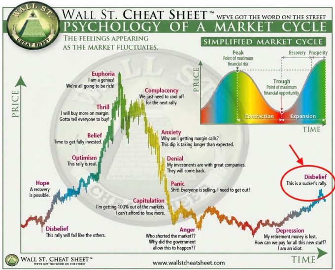 The image is a "Wall St. Cheat Sheet" infographic titled "Psychology of a Market Cycle," depicting investor emotions across market phases—from Disbelief through Hope, Optimism, Belief, Thrill, and Euphoria at the peak, then down through Complacency, Anxiety, Denial, Panic, Capitulation, Anger, and Depression at the trough, before returning to Disbelief. A red circle highlights "Disbelief" with the caption "This is a sucker's rally," directly illustrating the post's claim that Bitcoin is in the early Disbelief stage of a new market cycle.