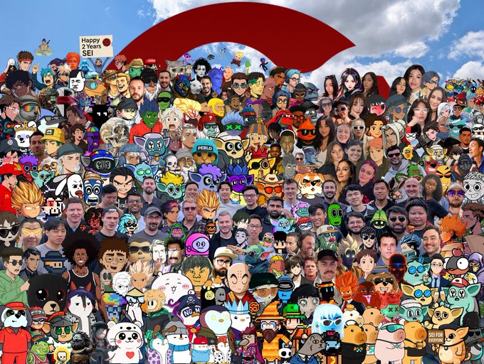 A massive, colorful collage features hundreds of cartoon avatars and character portraits filling the frame, with a 'Happy 2 Years SEI!' sign and a large red circular shape in the cloudy sky above.