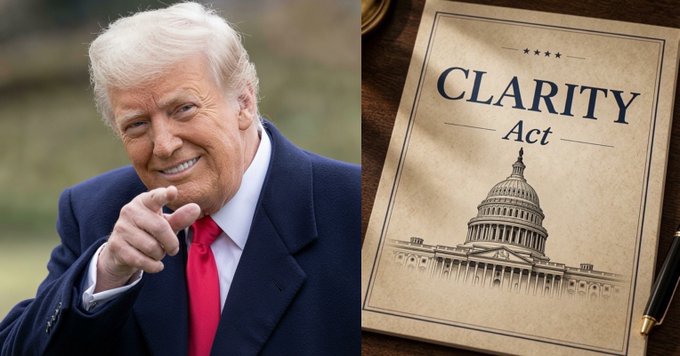 President Trump is featured next to a document titled "CLARITY Act" with the Capitol Building illustration, showing his alleged agreement on an ethics package for the bill. This visually links him to the legislation discussed in the accompanying post.