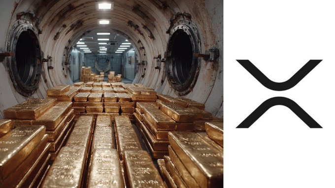 A massive vault filled with gleaming gold bars sits beside the XRP logo, visually reinforcing the claim by former Ripple exec Dilip Rao that each token "will be treated like gold." The pairing of the precious metal imagery with the XRP symbol likens the cryptocurrency to a high-value store of wealth.