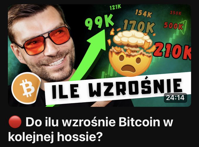 A YouTube thumbnail featuring a smiling man wearing red-tinted sunglasses, surrounded by green upward arrows and Bitcoin price predictions (99K, 121K, 154K, 170K, 210K, 350K, 500K), a shocked exploding-brain emoji, and the Bitcoin logo. The bold text reads "ILE WZROŚNIE" (How much will it rise) with a 24:14 video duration indicator, promoting a Tuesday Bitcoin update titled "Do ilu wzrośnie Bitcoin w kolejnej hossie?" (How high will Bitcoin rise in the next bull run?).
