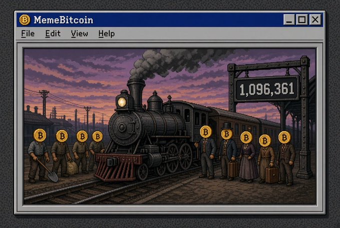 A retro Windows 95-style pixel art image titled "MemeBitcoin" showing a vintage steam train with Bitcoin-headed workers at a station with the number "1,096,361" displayed.