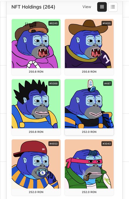 A screenshot of an NFT Holdings collection page displaying six cartoon blue gorilla characters with various accessories, each priced in RON cryptocurrency.