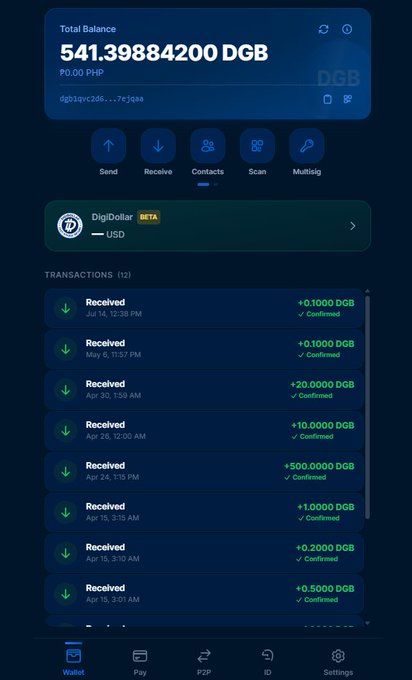 A mobile cryptocurrency wallet app displays a total balance of 541.39884200 DGB for the address starting with dgb1qvc26...7ejega, with a transaction history showing multiple "Received" entries in amounts ranging from 0.1000 to 500.0000 DGB, all confirmed. The interface includes navigation options for Send, Receive, Contacts, Scan, and Multisig, along with tabs for Wallet, Pay, P2P, ID, and Settings at the bottom.