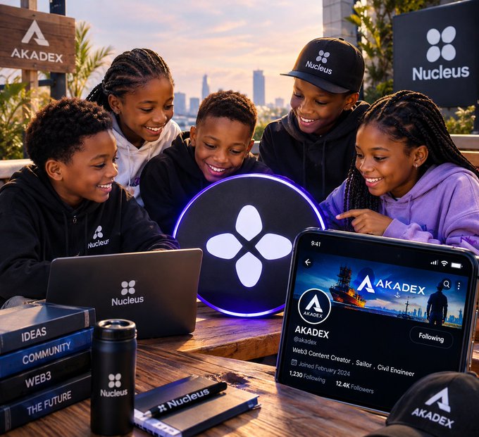 A vibrant promotional/branded image featuring five smiling young people wearing black "Nucleus" hoodies gathered around a glowing circular Nucleus logo, alongside AKADEX-branded merchandise including a laptop, tablet, notebook, and tumbler, set against a city skyline.