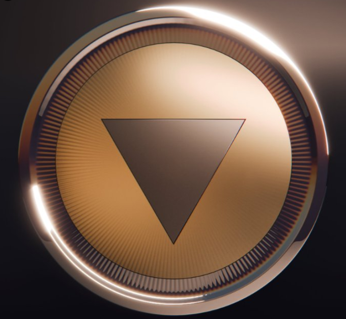 A close-up of a circular golden button with a downward-pointing triangular play symbol in the center, set against a dark background.