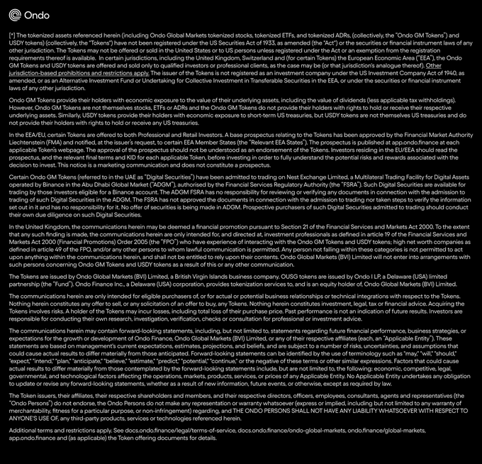 A regulatory disclaimer page from Ondo, containing detailed legal text regarding tokenized assets, ETFs, ADRs, US Treasury exposure, GM Tokens, and digital securities offerings across various global jurisdictions.