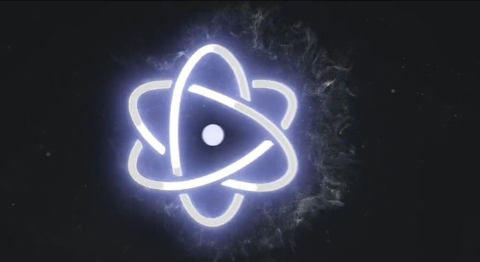 A glowing white atomic or molecular symbol resembling the React logo emits a blue nebulous aura against a dark background.