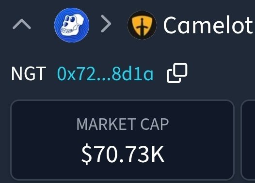 A digital interface displays a token named 'Camelot' with the contract 'NGT 0x72...8d1a' and a market cap of '$70.73K'.