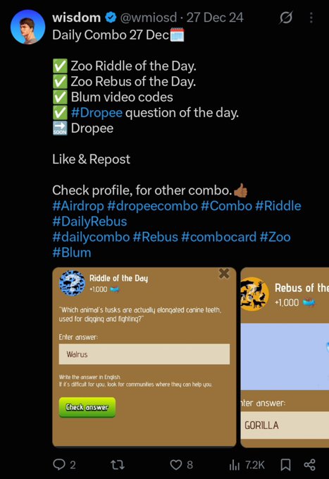 A social media post by user @wmisod dated 27 Dec 24 shows a "Daily Combo" with completed riddles and rebuses, including a riddle answered "Walrus" and a rebus answered "GORILLA".