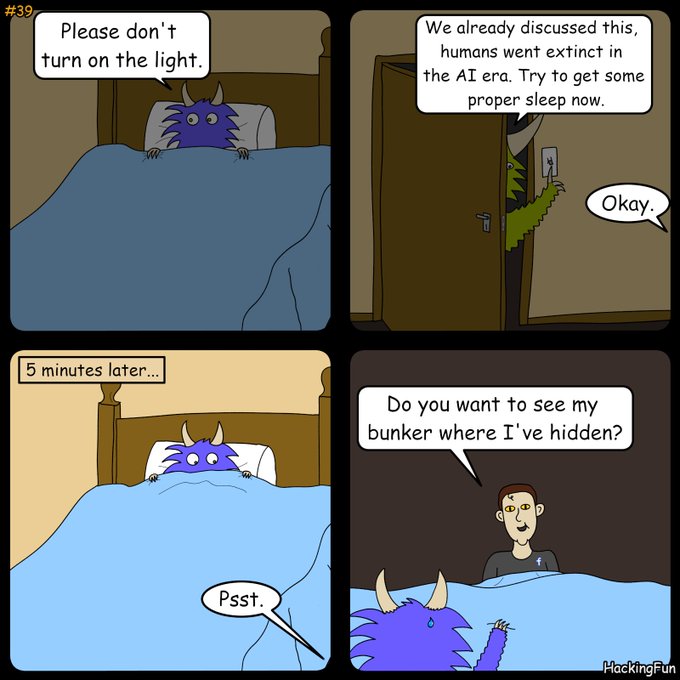 A four-panel webcomic (#39) by HackingFun showing a purple horned creature in bed; Mark Zuckerberg enters saying humans went extinct in the AI era, then reappears offering to show his bunker where he's hidden.