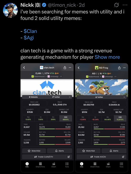A tweet from 'Nickk IBI' (@timon_nick) discussing cryptocurrency memes 'Clan tech' ($Clan) and 'AGI Frog' ($Agi), showing screenshots of their respective DexScreener pages with market data.