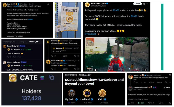 A collage of social media posts and charts promoting the meme coin $CATE, highlighting the token's price increase and its "CATE army."