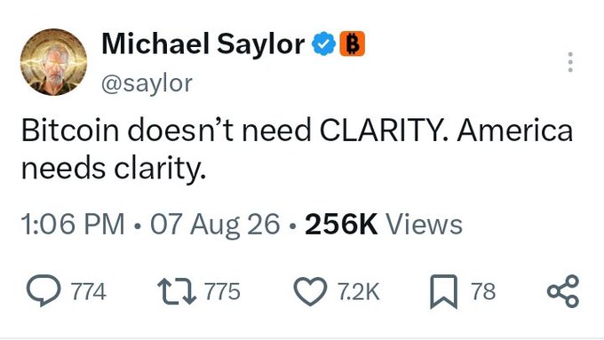 A screenshot of a tweet from Michael Saylor (@saylor), verified with a Bitcoin logo, reading "Bitcoin doesn't need CLARITY. America needs clarity." posted on August 7, 2026, with 256K views, 7.2K likes, and 775 reposts, directly supporting the post's argument that Bitcoin's 16-year survival demonstrates it requires no US regulatory framework like the CLARITY Act.