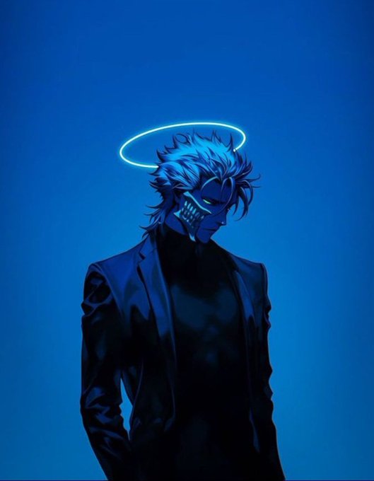 An anime-style illustration of a blue-haired character wearing a skull mask and dark suit with a glowing halo above their head against a blue background.