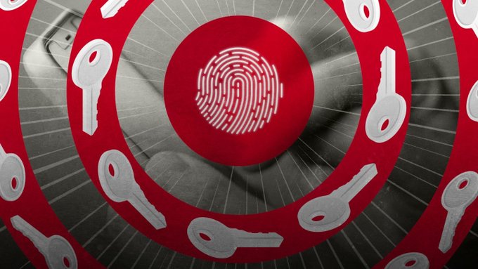A fingerprint encircled by a red target of keys symbolizes biometric and key-based authentication, visually reinforcing the post's warning that even passkey security can be compromised by flaws in session handling.