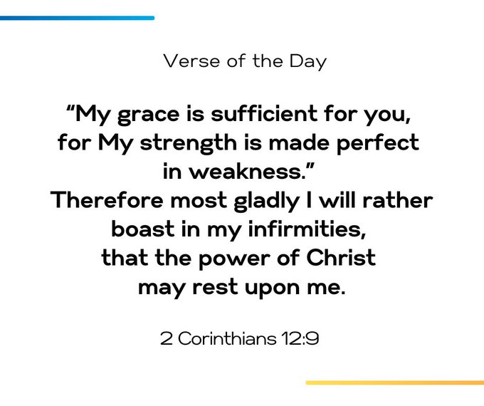 Verse of the Day graphic displaying 2 Corinthians 12:9 about grace being sufficient and strength made perfect in weakness.