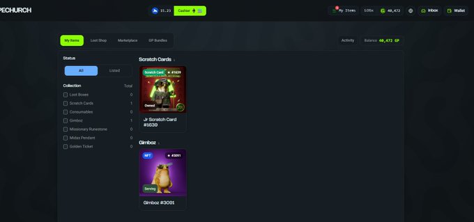 A screenshot of a 'Techurch' NFT marketplace showing Scratch Cards inventory with items like 'Jr Scratch Card #3838' and 'Qmiboz #3001' for sale.
