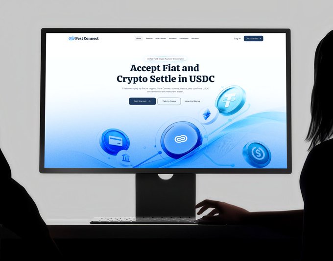 A computer monitor displays the Pest Connect website with the headline 'Accept Fiat and Crypto Settle in USDC,' showing blue coin graphics, while two silhouetted figures use the keyboard and mouse.